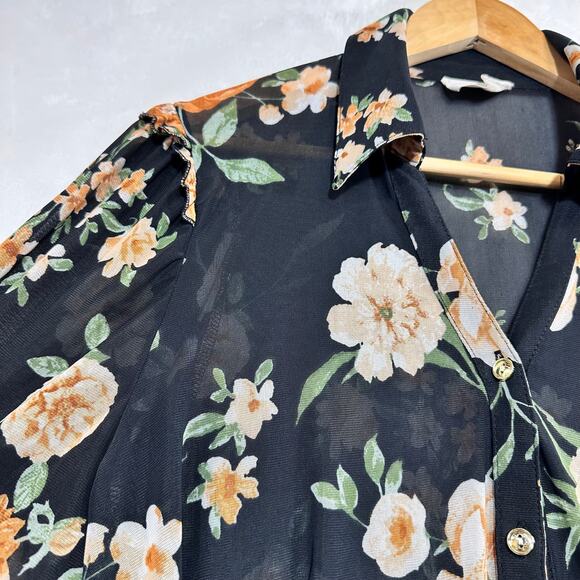 Ember Floral Ruffle Top Long Sleeve Buttoned Women's Medium V-Neck Sheer Summer - Picture 2 of 10